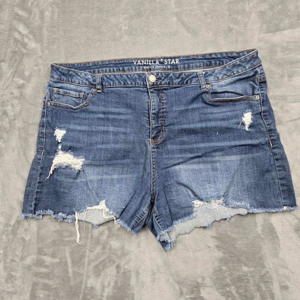Vanilla Star Womens Size 22 Mid Rise Shortie Distressed Denim Shorts Blue